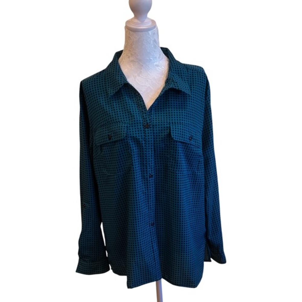 NY Collection Women's Teal Blue and Black Button-Up Blouse